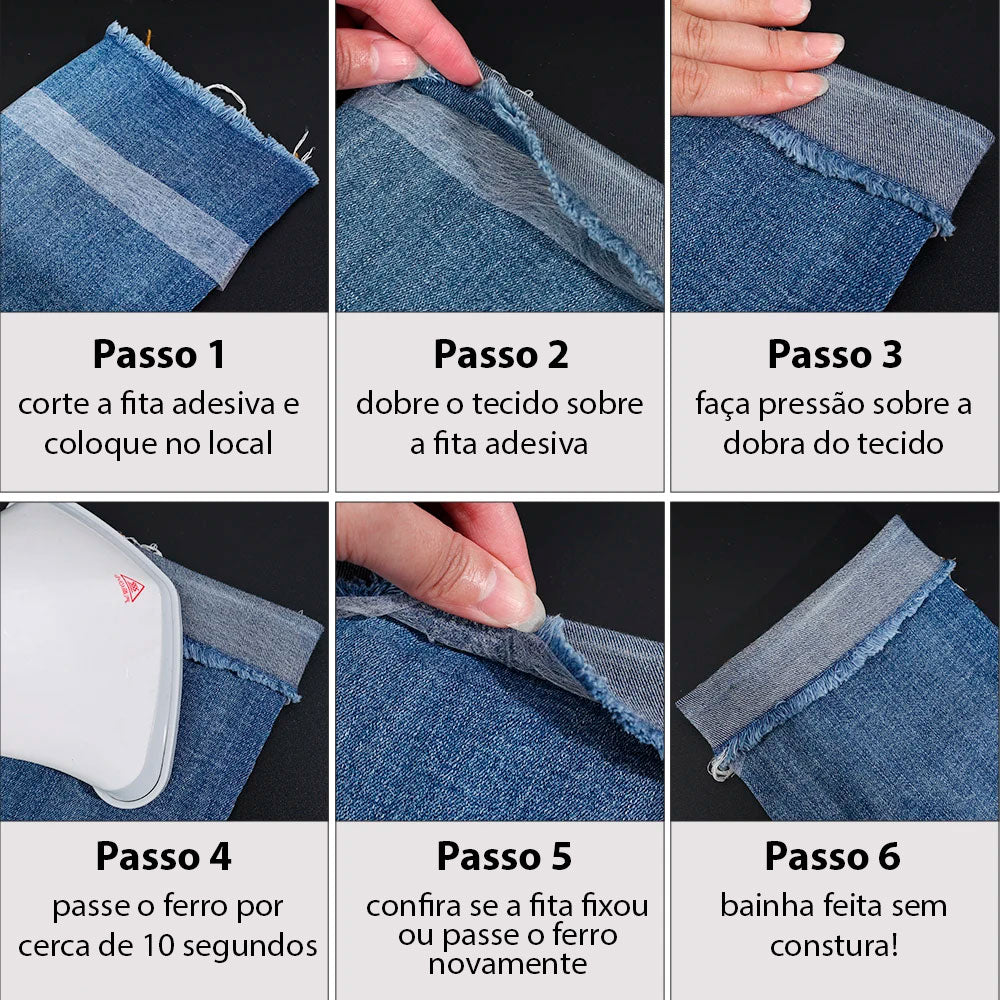 fita adesiva tecido, fita duplaface tecido, fita para bainha, costura sem linha fazer bainha sem costura, bainha fácil